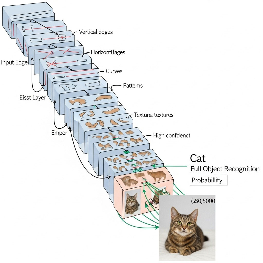 A diagram showing how a neural network identifies a cat, starting with simple edge detection in the first layers and building up to full object recognition in the final layers.