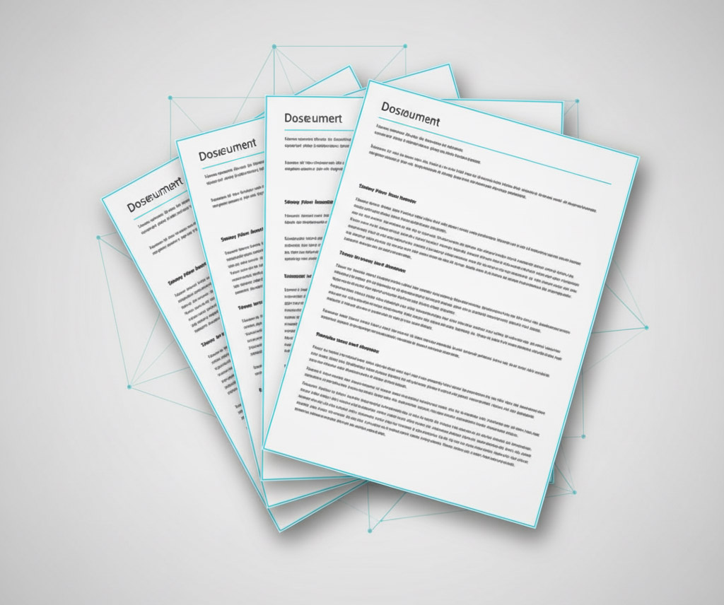 An illustration showing multiple documents side-by-side, all perfectly consistent in formatting and style, representing Jon AI's AI auto template.