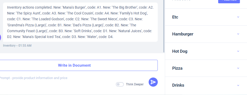 Jon AI automatically imports products from an uploaded menu or price list.